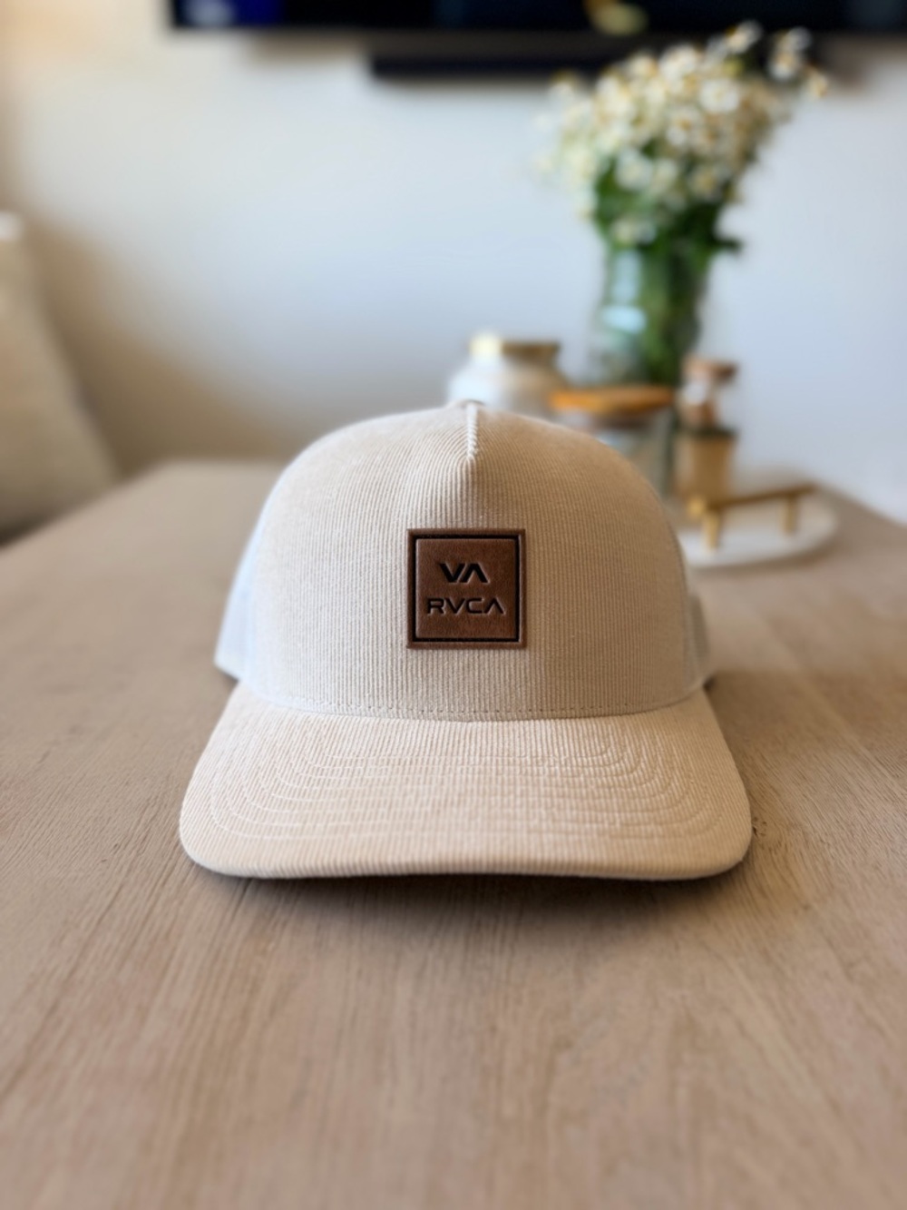 RVCA Suede Cream Hat with Brown Leather Patch